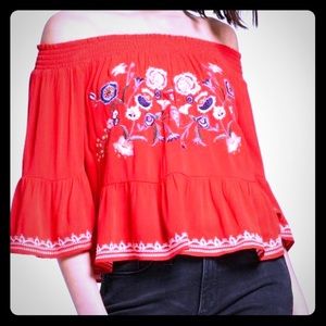 Red embroidered off shoulder top